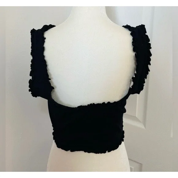 ZARA Black Ribbed Large‎ Square Neck Ruffle Trim Crop Tank Top Women's - Picture 4 of 6